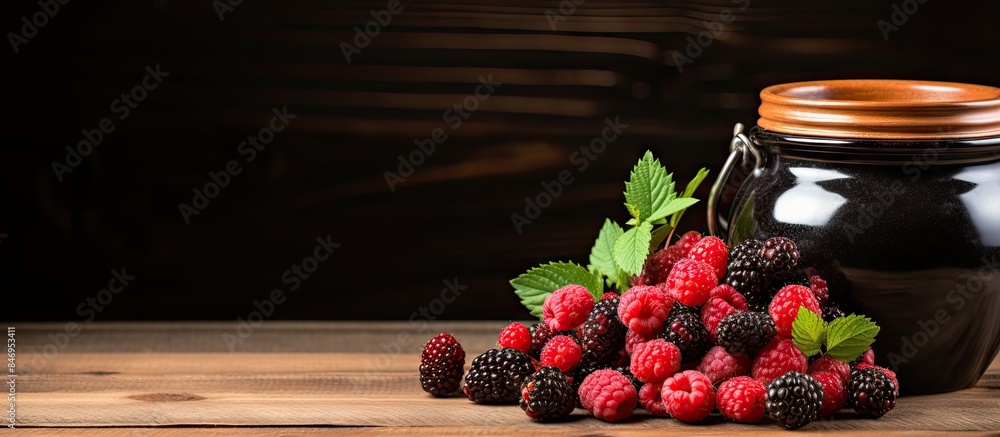 Poster Pottery jar filled with vibrant red raspberry jam accompanied by a variety of ripe raspberries and blackberries on a rustic wooden background. with copy space image. Place for adding text or design