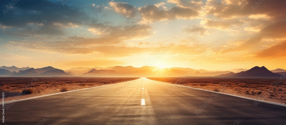 Aufkleber the long desert road seems to vanish as the blazing sun sets in the distance. with copy space image.