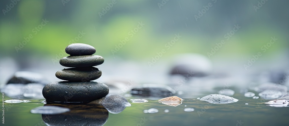 Aufkleber zen stone balanced delicately in the midst of a gentle rain, creating a tranquil scene of nature's h