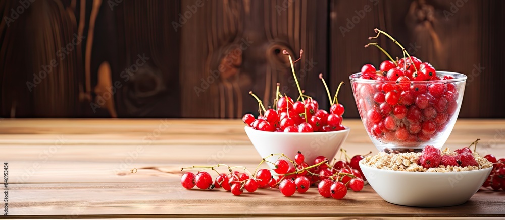 Poster two bowls filled with ripe cherries and a bowl of oatmeal placed on a table, creating a vibrant disp