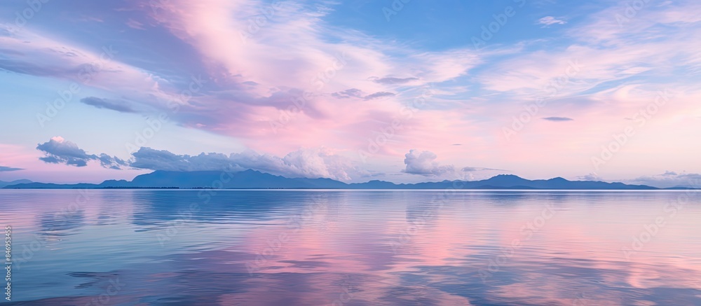 Aufkleber Tranquil lake reflects pink sky and clouds in a serene morning scene. with copy space image. Place for adding text or design