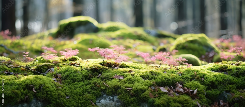 Poster lush green moss envelops a rock, adorned with delicate pink blossoms in the early spring season. wit