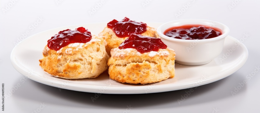 Leinwandbilder delicious scones topped with jam served on a plate with a side of ketchup. with copy space image. pl
