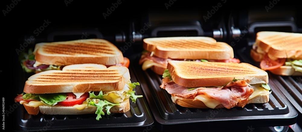 Aufkleber sandwich maker preparing various fillings on grill, set against a black background. with copy space 