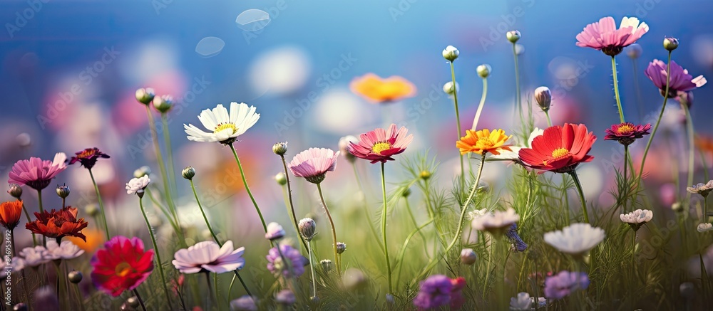 Poster wild summer flowers blooming abundantly in a sunny meadow. with copy space image. place for adding t