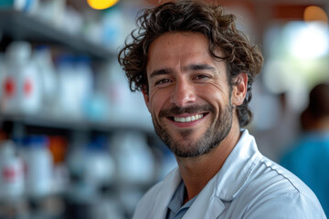 Smiling male scientist in lab coat standing in a laboratory.