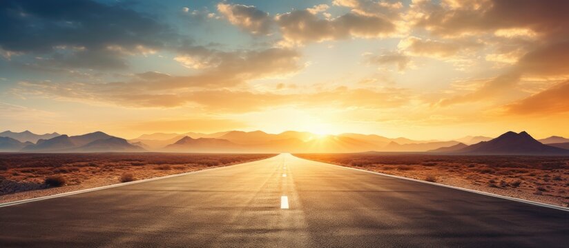 The long desert road seems to vanish as the blazing sun sets in the distance. with copy space image. Place for adding text or design