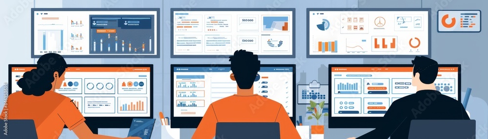 Poster team of professionals analyzing data on multiple screens, working on business analytics and performa
