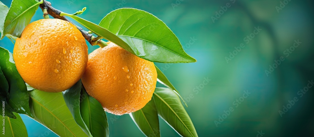 Poster pair of ripe oranges and mandarins suspended from tree limbs with lush foliage in the background. wi