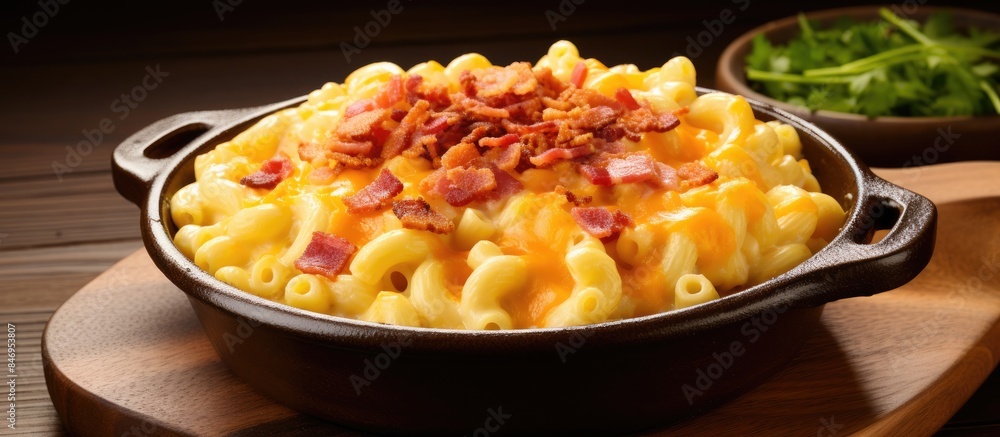 Aufkleber Creamy macaroni and cheese topped with crispy bacon pieces, an indulgent and flavorful dish. with copy space image. Place for adding text or design