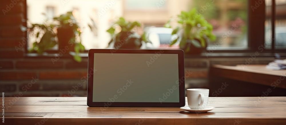 Aufkleber Laptop computer placed on a table next to a cup of coffee, creating a cozy workspace. with copy space image. Place for adding text or design