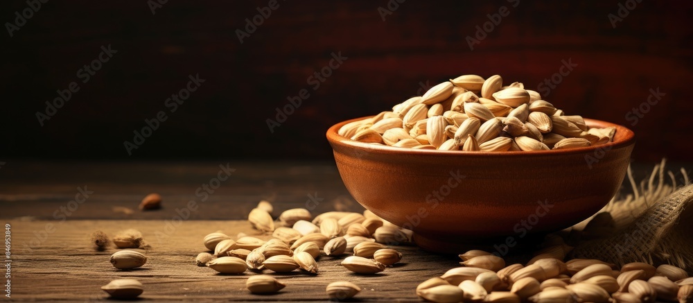Poster assorted nuts in a bowl, including pine nuts, placed on a table with a sack of nuts and some pine nu