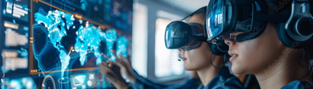 Poster two people using virtual reality headsets and interactive screens, focusing on a digital world map. 