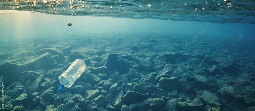 Poster Plastic bottle discarded in the sea, causing pollution to nature, seen floating near rocks. with copy space image. Place for adding text or design