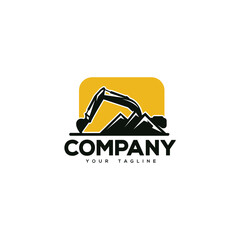 Creative logo design depicting an excavator with a mountain. 