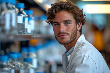 Smiling male scientist in lab coat standing in a laboratory.