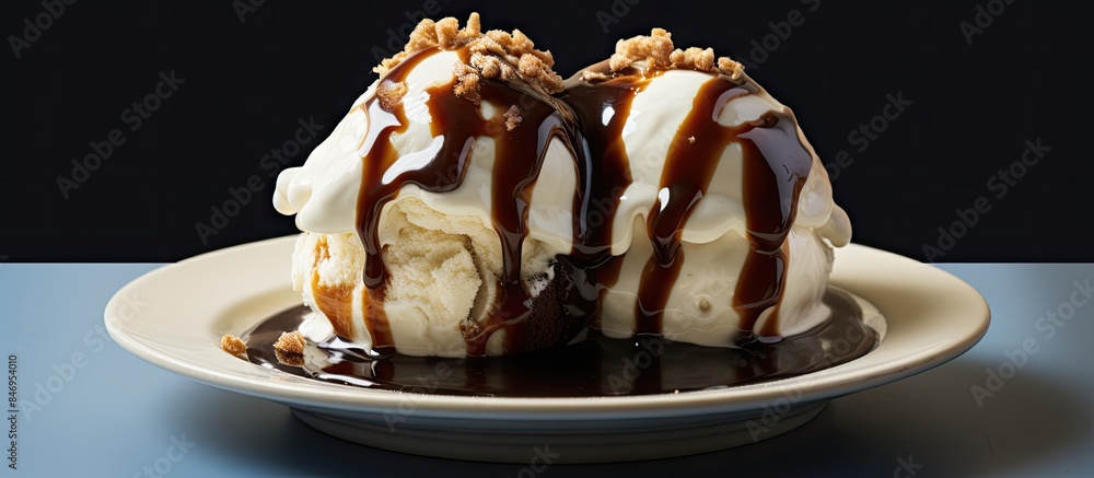 Aufkleber delicious vanilla ice cream topped with rich hot fudge sauce in two scoops on a plate. with copy spa