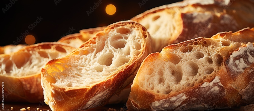 Poster close-up of a loaf of bread with a bite taken out, alongside slices of baguette for breakfast with c