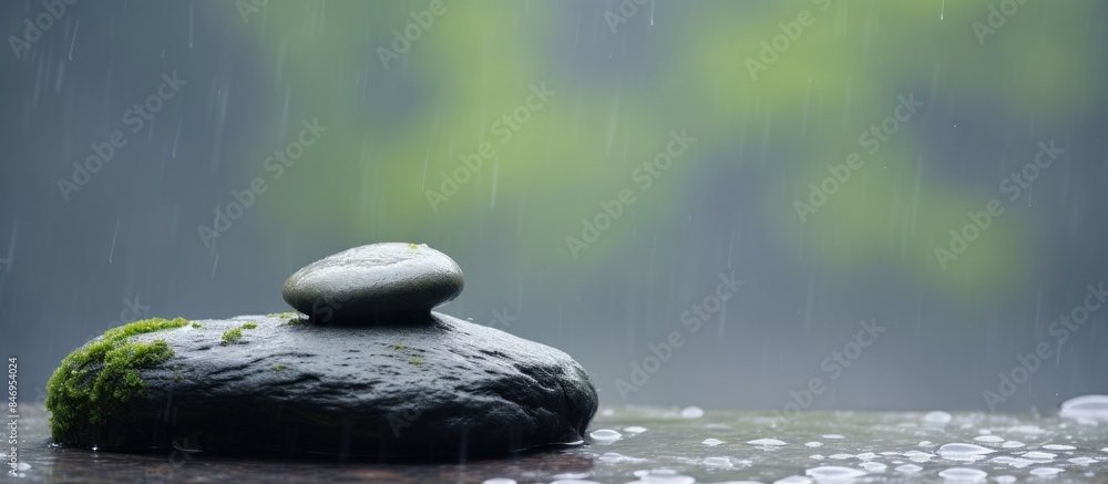 Poster zen stone balanced delicately on a rock, braving the rain with a soft focus gaze. with copy space im