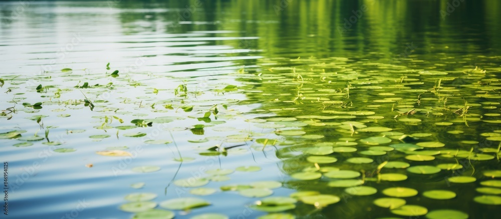 Poster Close-up view of a serene lake surface in summer adorned with lily pads and surrounded by green foliage and algae. with copy space image. Place for adding text or design