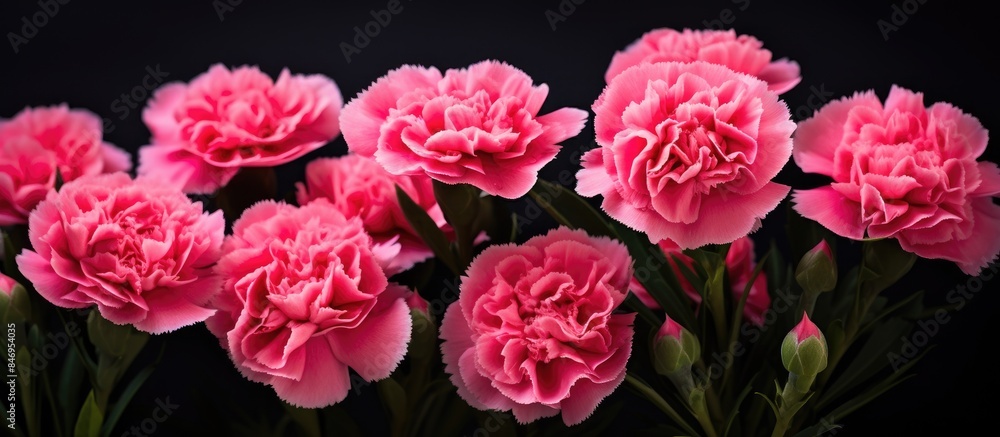 Leinwandbilder lush pink carnations beautifully displayed in a vase against a striking black background. with copy 
