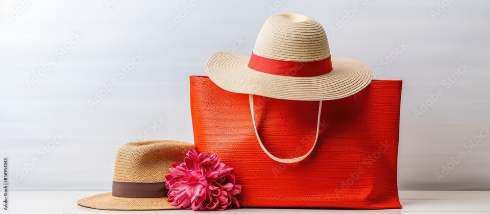 Poster brightly colored shopping bag with a flower design paired with a beach hat on a clean white backgrou