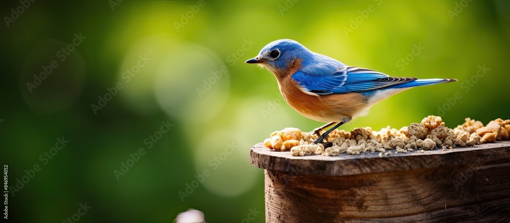 Poster male eastern bluebird is spotted enjoying a meal worm while perched on a wooden branch in a bluebird