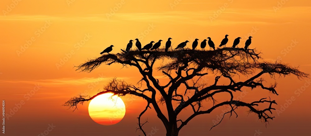 Aufkleber Various avian species sitting on a tree during a vibrant sunset, creating a picturesque silhouette. with copy space image. Place for adding text or design