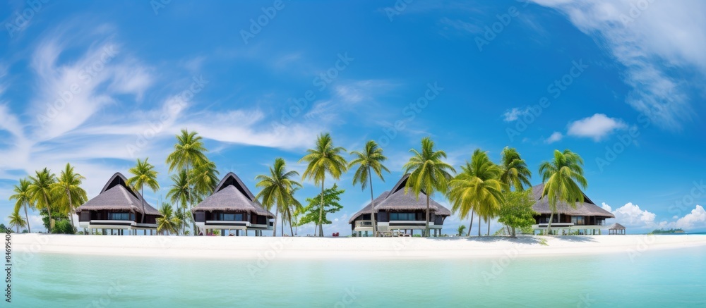 Aufkleber A picturesque view of a row of palm trees and beach huts along the sandy shore of a tropical beach. with copy space image. Place for adding text or design
