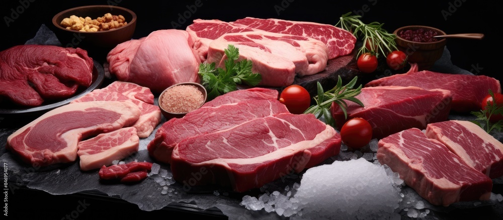 Poster various frozen meat semi-finished products displayed with fresh tomatoes on a table. with copy space