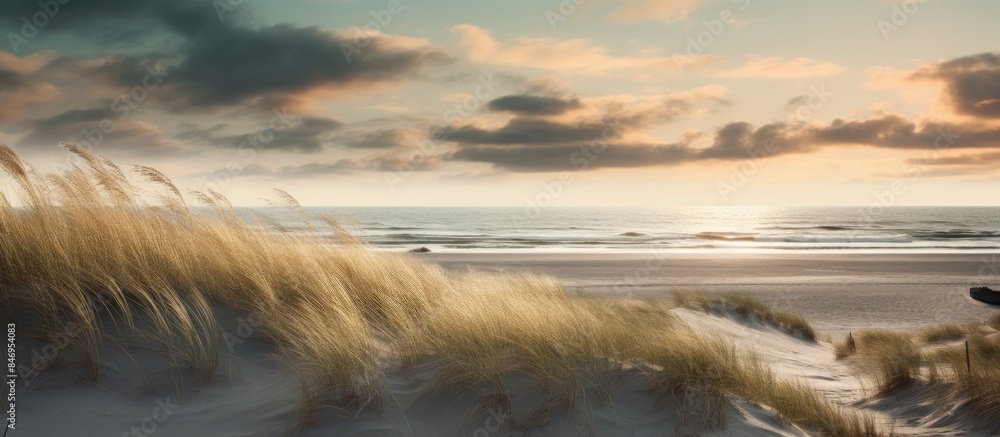 Poster Dog gleefully playing on the sandy dunes surrounded by lush beach grass. with copy space image. Place for adding text or design