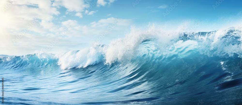 Poster Strong storm waves with crests splashing foam vigorously against the backdrop of the sea and serene blue skies. with copy space image. Place for adding text or design