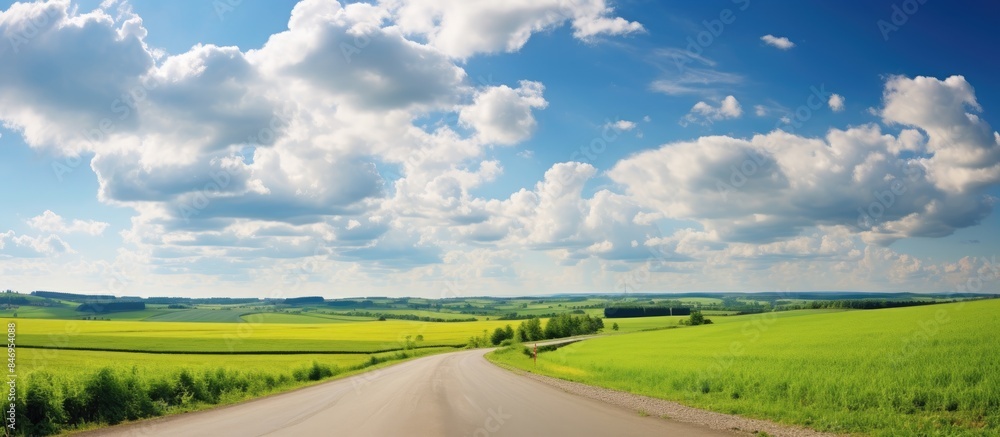 Aufkleber Road winding through lush green fields with fluffy white clouds scattered across the sky. with copy space image. Place for adding text or design