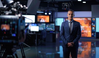 Fototapeta premium A newsmaker is standing in a news studio. A professional newsroom with subtle lighting