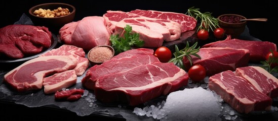 Various frozen meat semi-finished products displayed with fresh tomatoes on a table. with copy space image. Place for adding text or design