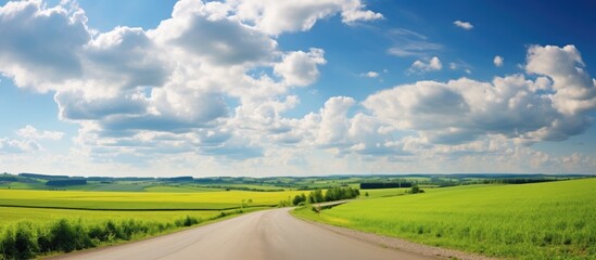 Road winding through lush green fields with fluffy white clouds scattered across the sky. with copy space image. Place for adding text or design
