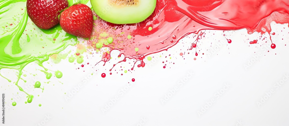 Fototapete two strawberries and a half of a strawberry placed on a table surface. with copy space image. place 