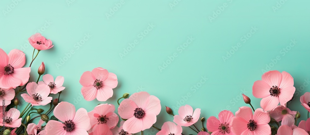 Leinwandbilder pink blossoms set against a serene blue background creating a vibrant contrast. with copy space imag