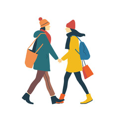 Two young women walking holding hands, winter fashion, casual style, shopping bags. Female friends stroll colorful coats, beanies, boots, cold weather attire. Friendship, urban life, trendy