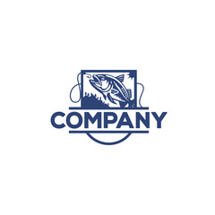 Creative fishing logo design depicting a fish inside an emblem.