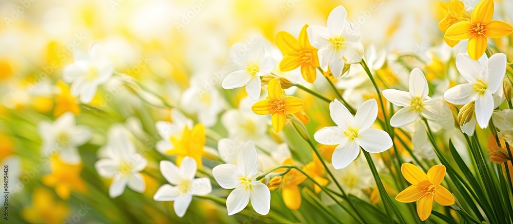 Poster yellow and white flowers bask in the sunlight as they bloom in a field, creating a beautiful scene o
