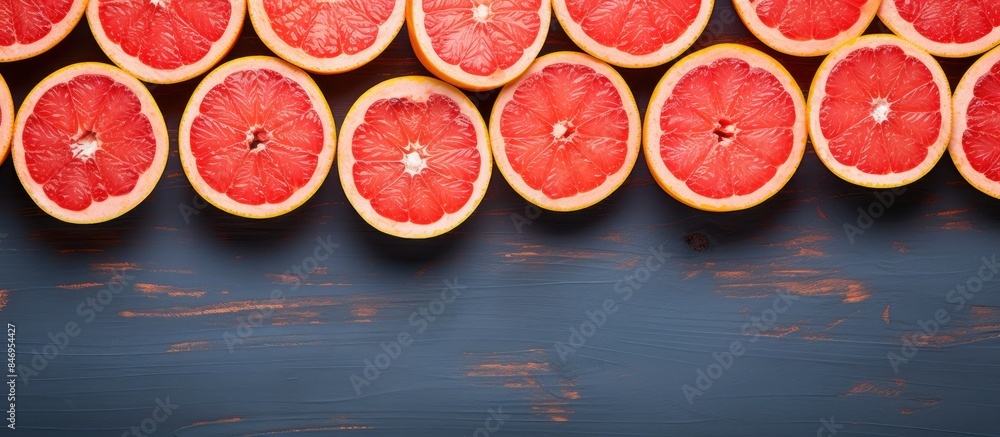 Poster several grapefruits cut in half depicted in a close-up shot, showcasing their vibrant colors and jui