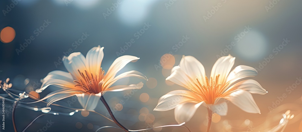 Poster white flower blooms in lush green setting, highlighting delicate petals against natural backdrop. wi