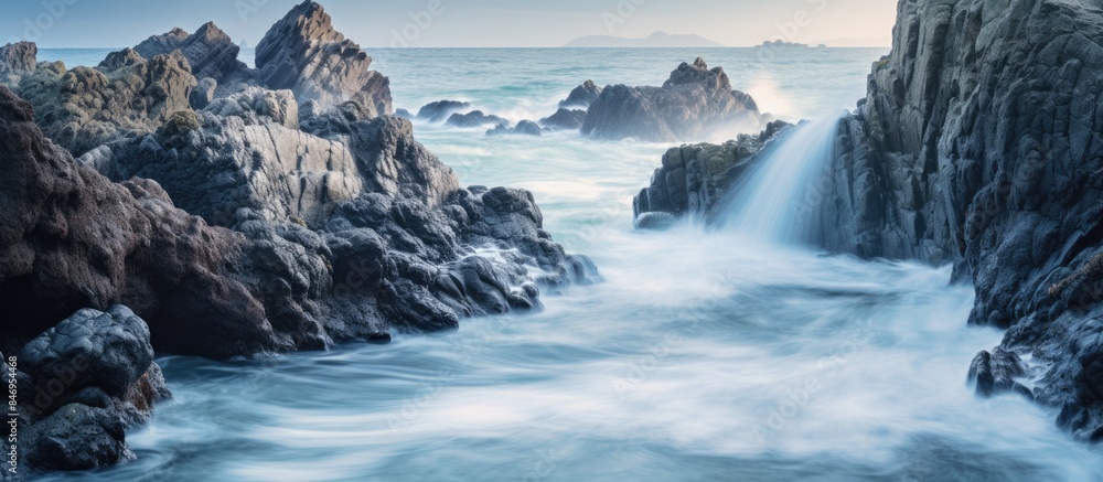 Poster rugged beach landscape with a powerful waterfall spilling into the sea and wave crashing against coa