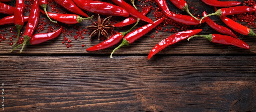 Poster assortment of vibrant red chili peppers and aromatic spices displayed on a textured wooden table. wi