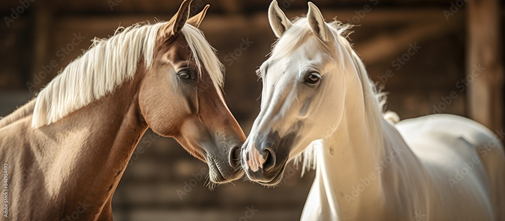 Poster Beautiful pair of horses standing calmly together inside a rustic barn setting. with copy space image. Place for adding text or design