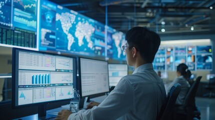 A professional in a control room monitors multiple data screens, analyzing global financial and market trends for strategic decision-making.