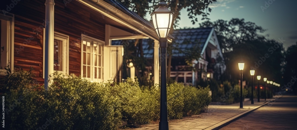 Poster Solar-powered street light illuminating the pathway in front of a guest house on a quiet night. with copy space image. Place for adding text or design
