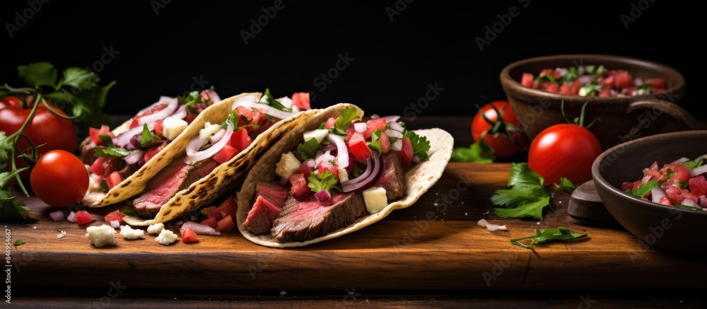 Aufkleber steak tacos, sliced meat salad, and tomato salsa beautifully arranged on a wooden cutting board. wit