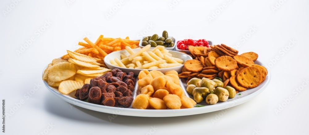 Aufkleber Assorted snacks such as chips, olives, and other nibbles arranged on a plate. with copy space image. Place for adding text or design
